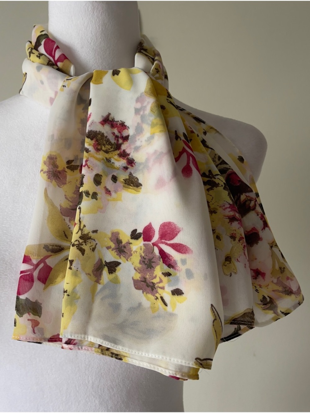 Lightweight Floral Chiffon Square Scarf in Cream and Yellow EUC
